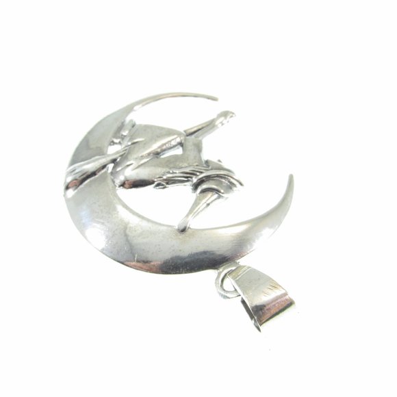 Solid 925 Sterling Silver Crescent Moon Witch Flying on Broomstick Pendant - Picture 9 of 10